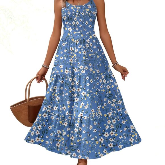 Dresses & Skirts - Women's Summer Floral Maxi Dress Spaghetti Strap Pockets Casual Beach Wear